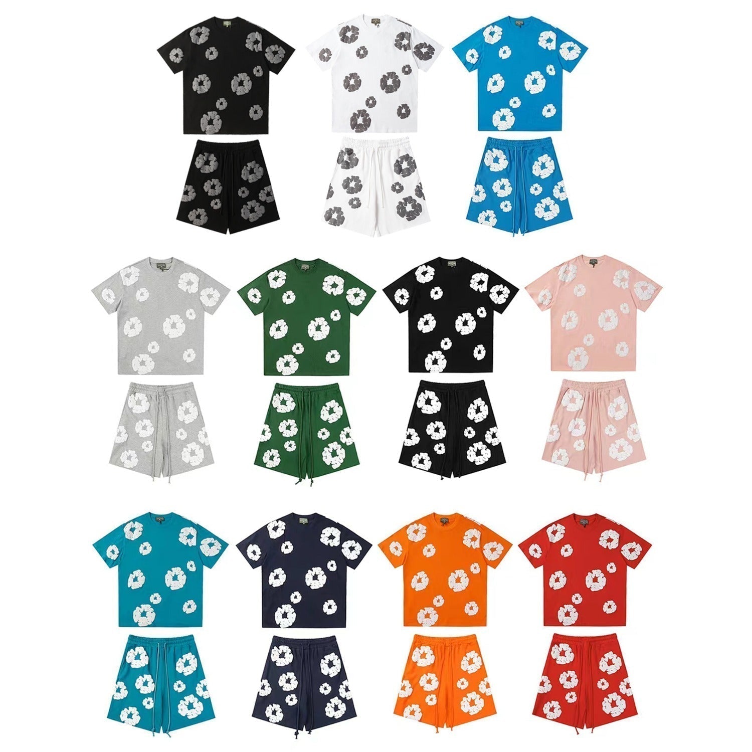 Denim Tears Outfit:T-shirt/Shorts (Separate Purchase Options) Puff Print Short Sleeve T-shirt Loose Couple Shorts Suit